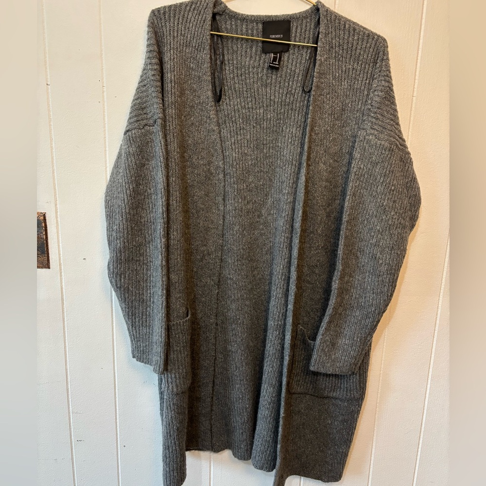Forever 21 Ribbed Charcoal Open Front Long Cardigan with Pockets